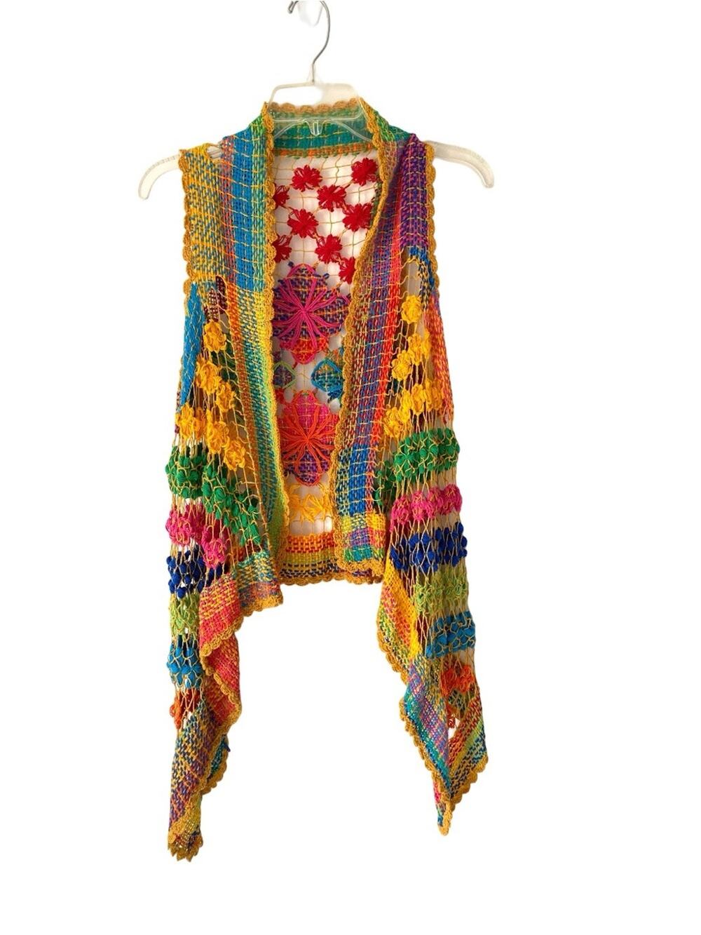 Colorful Handmade Crochet Boho Vest Multicolor Red Yellow Green Groovy one size